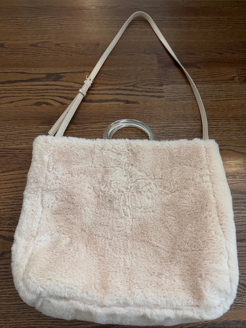 Lauren Conrad Faux Fur Beige Shoulder crossbody Bag with Clear Handle like new